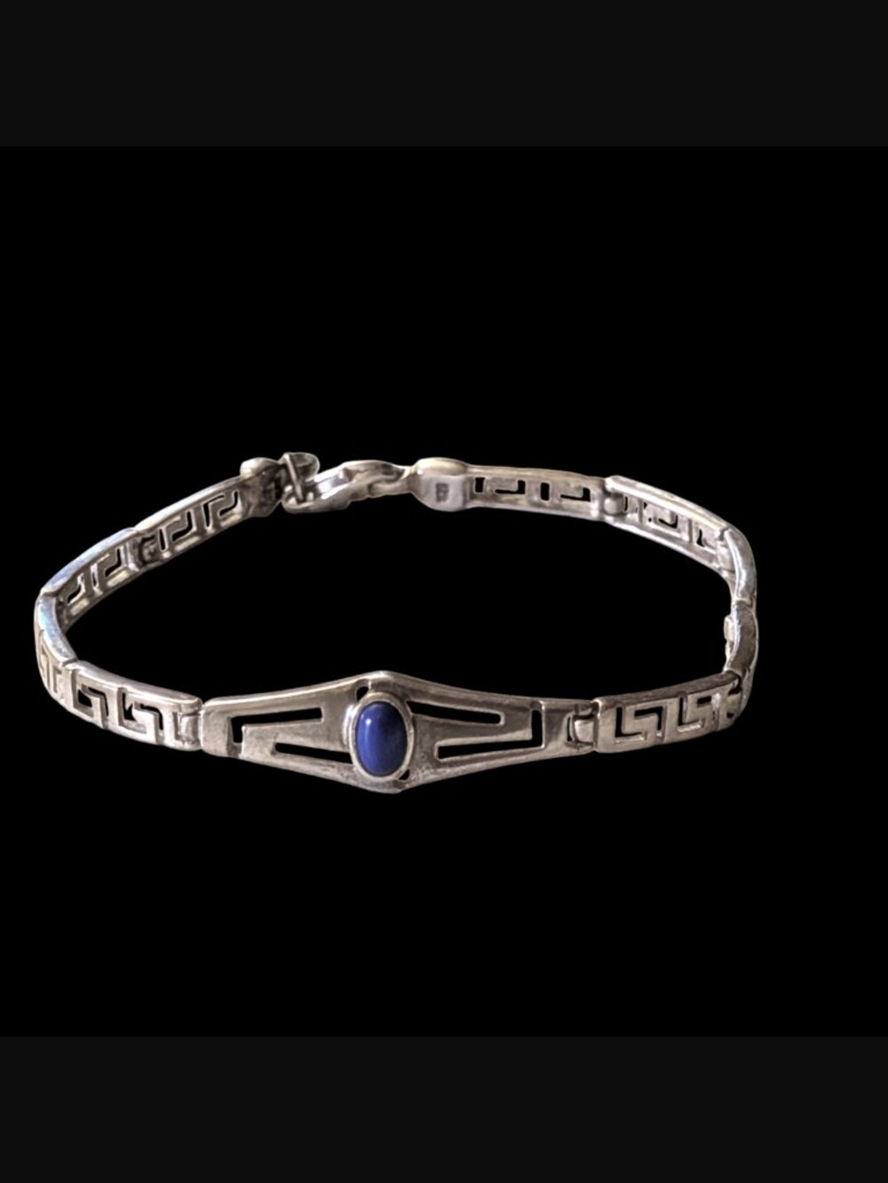 925 Sterling Silver Greek Key Meander Blue Lapis Size 7.25" Bracelet - Picture 5 of 14
